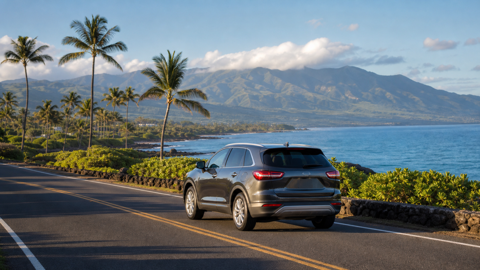 Rental SUV on a West Maui coastal road with ocean, palms, and mountains
